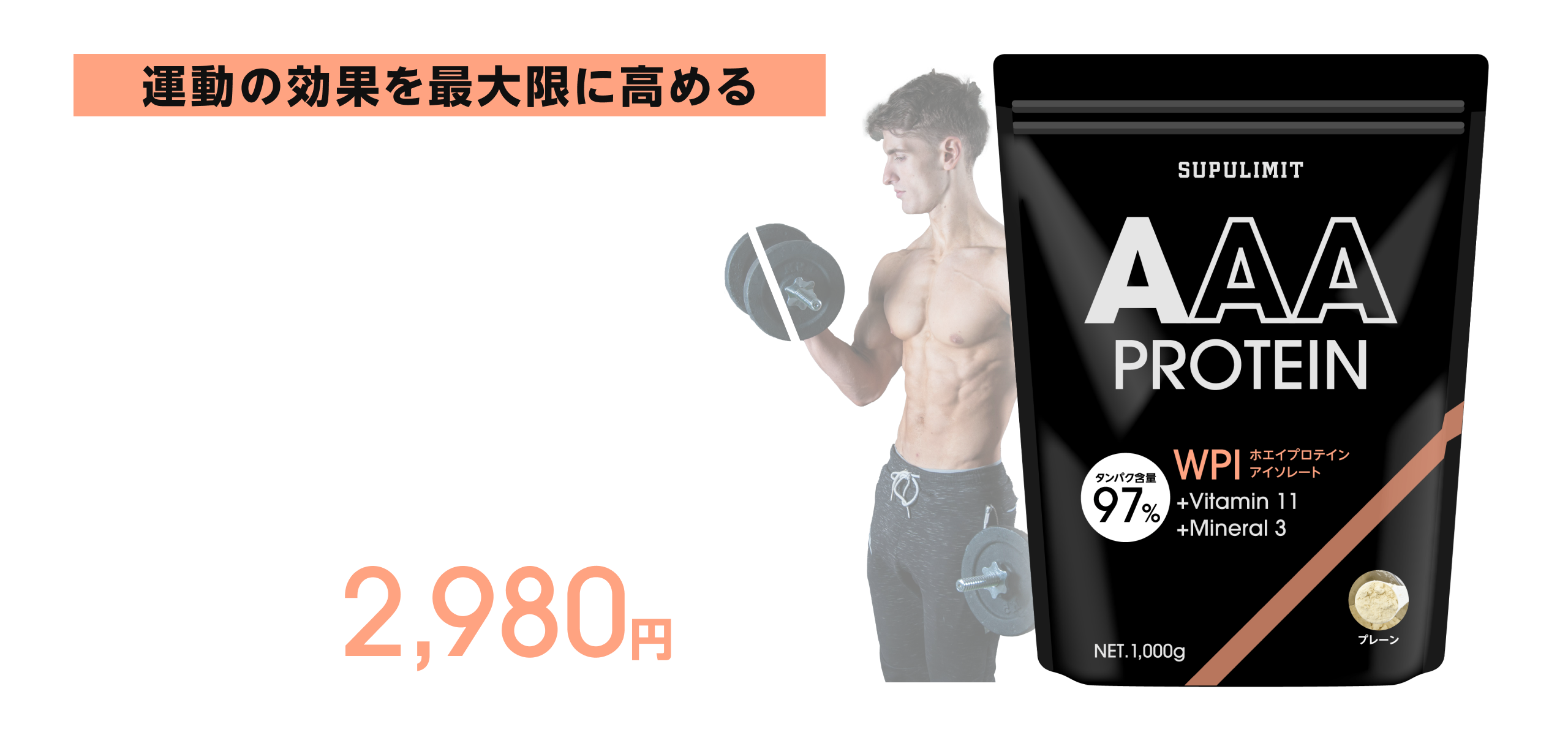 運動の効果を最大限に高めるAAAプロテイン、100g2980円