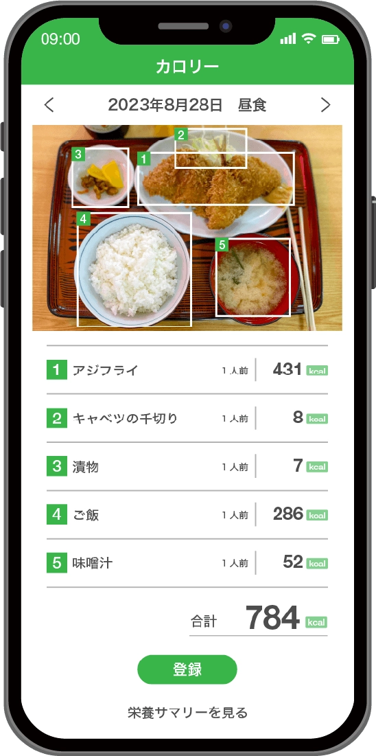 スマホの画面に、アジフライ定食を画像解析した結果のカロリーが表示されている